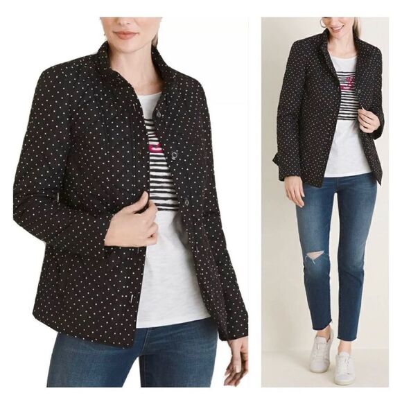 CHICO’S Black Polka-Dot Mandarin Collar Quilted Jacket - Picture 2 of 6